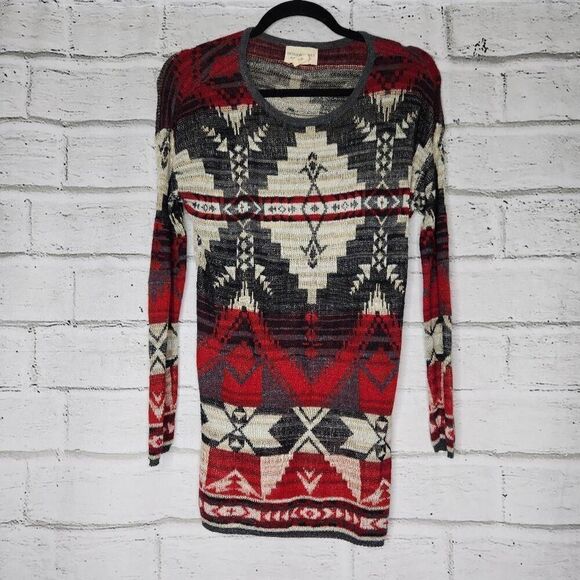 Denim & Supply Ralph Lauren Knit Long Sleeve Aztec Sweater Womens Small Gray Red - Picture 1 of 11